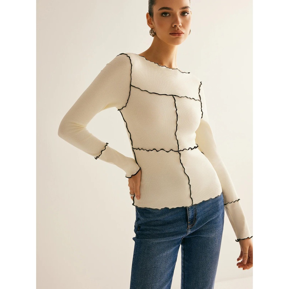 Commense Deep Burgundy Ribbed Lettuce Hem Seam Detail Long Sleeve Top Small - Picture 10 of 13